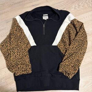 American Eagle Outfitters Black and Leopard Print Quarter Zip